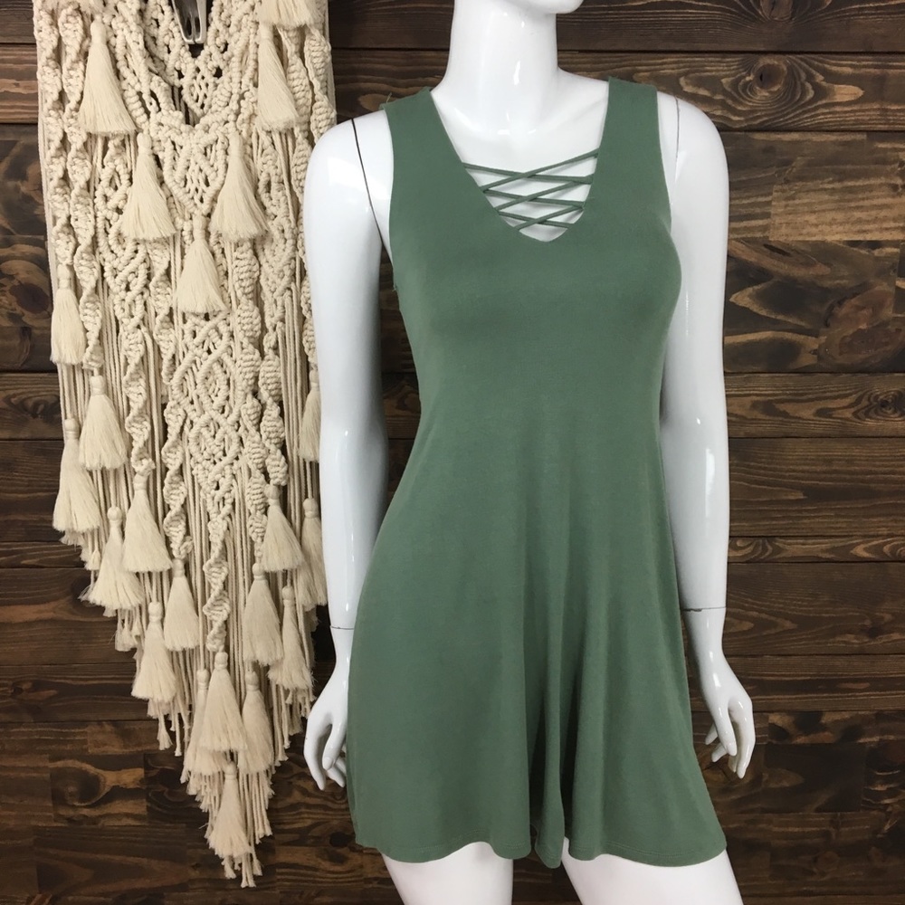 Living Doll | Strappy Criss Cross Sleeveless Dress Sage Green